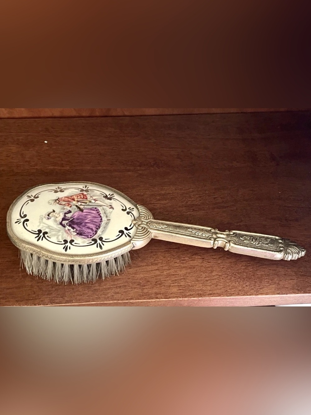 Antique Boars Hair Victorian Vanity Brush Limoges Porcelain Courting Scene RARE